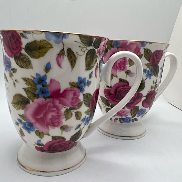 Lot Set of 2 Grace's Teaware Floral Coffee Cup Mug Pink/Blue Flowers Footed Base - Picture 3 of 8